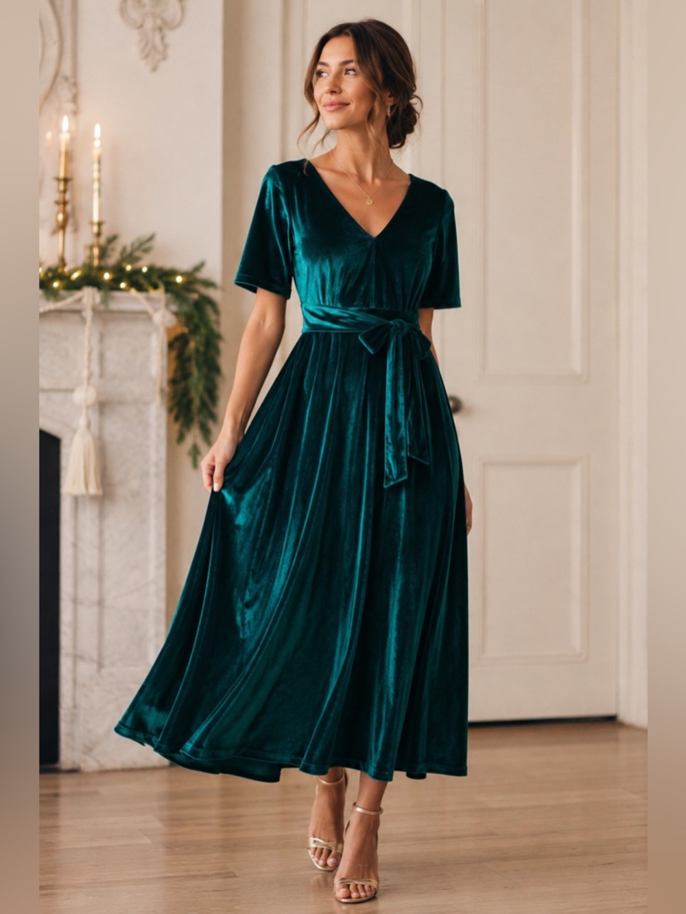 BiBi Women’s Emerald Green Velvet Midi Dress Sz S Balletcore Party Tie Waist Lux